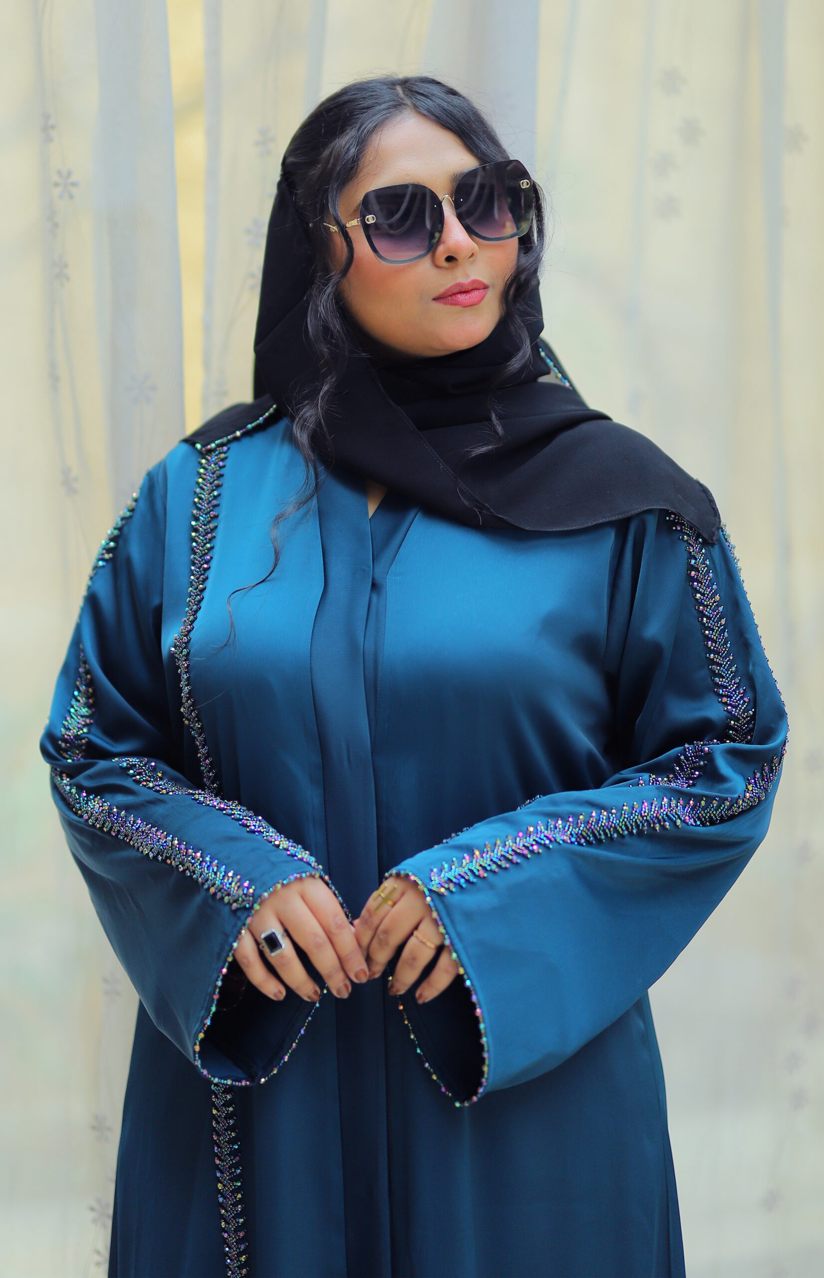 Zimal Teal Blue Hand-Work Abaya for Women – Allara